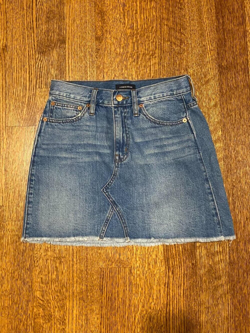 J.Crew Denim Mini Skirt — Size 25 | Medium Wash | Frayed Hem